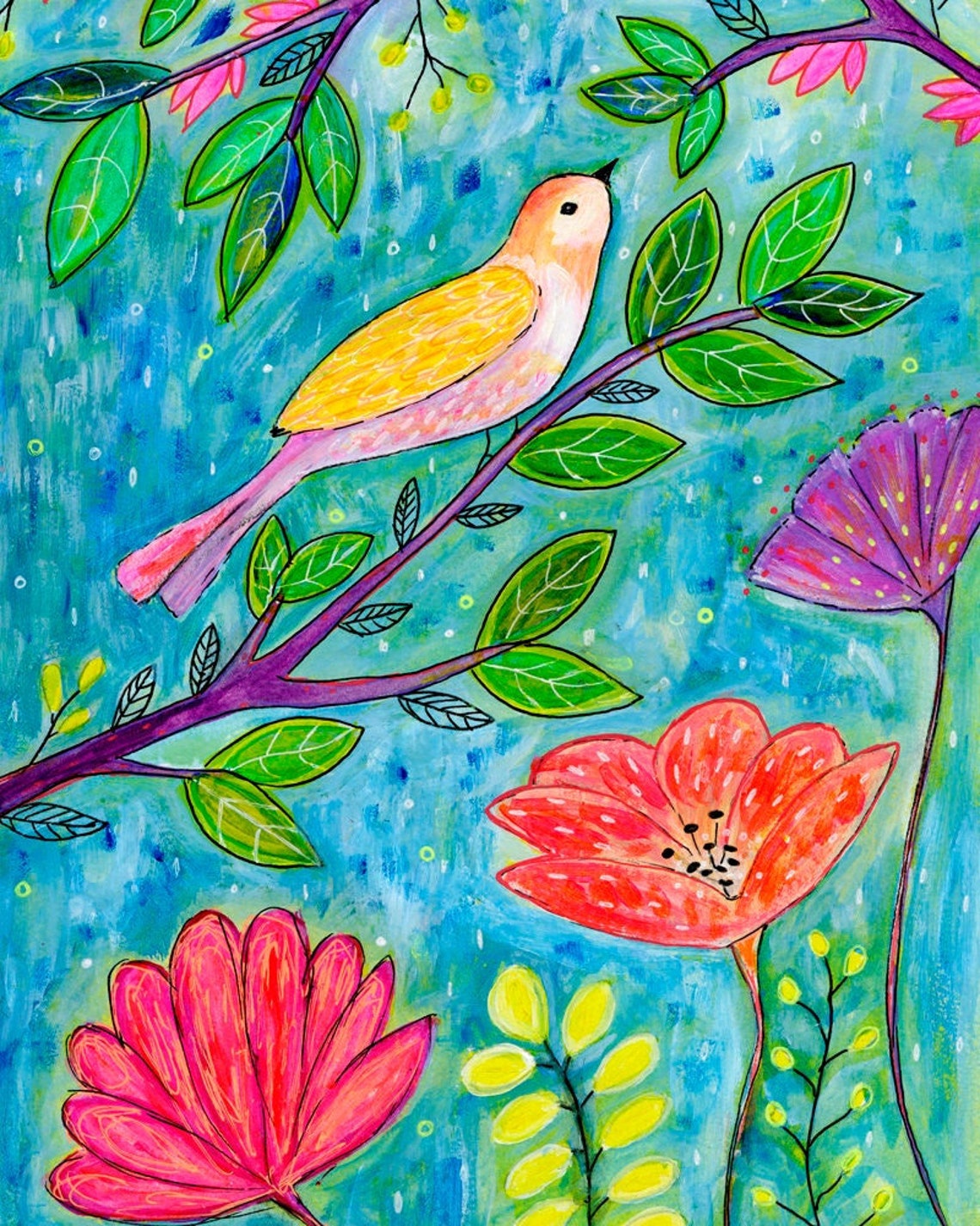 Tropical Bird on a Branch with Pink Tropical Flowers Garden Poster