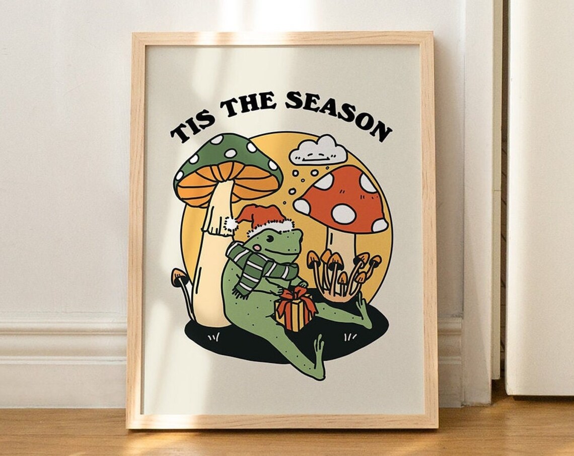 Tis The Season Christmas Frog Santa Hat Mushroom Holiday Quote Poster - Image 2