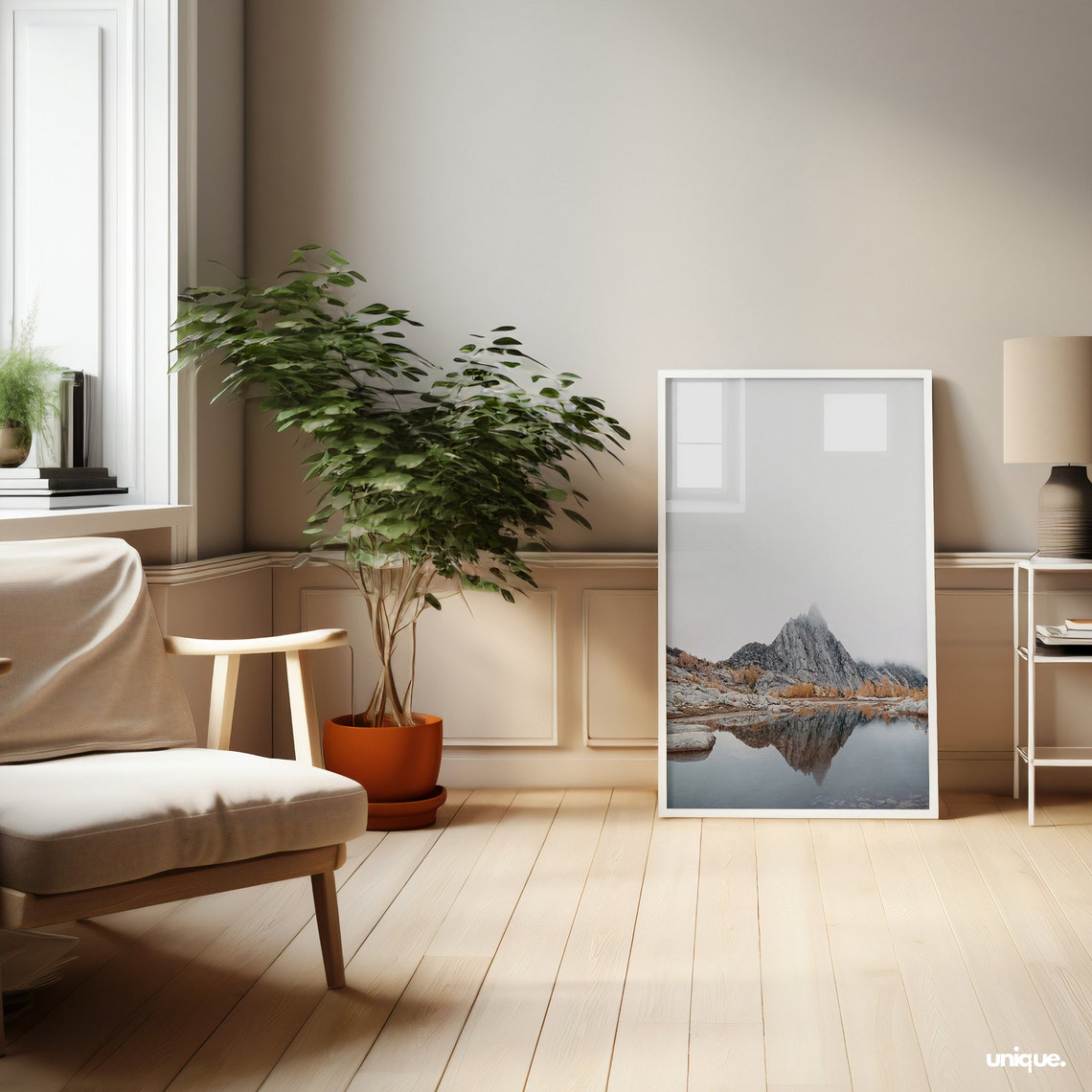 Misty Mountain Lake Reflection Modern Minimalist Poster Decor - Image 2