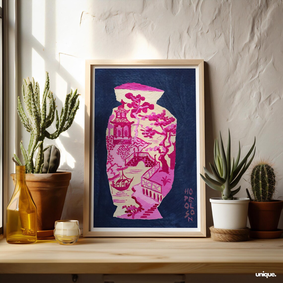 Pink Chinoiserie Vase Silhouette Navy Blue Asian Landscape Poster