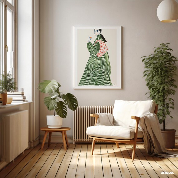 Boho Wall Art La Poire Green Coat Poster Green Color Abstract Line Art Green Wall Art Print Home Decor Art