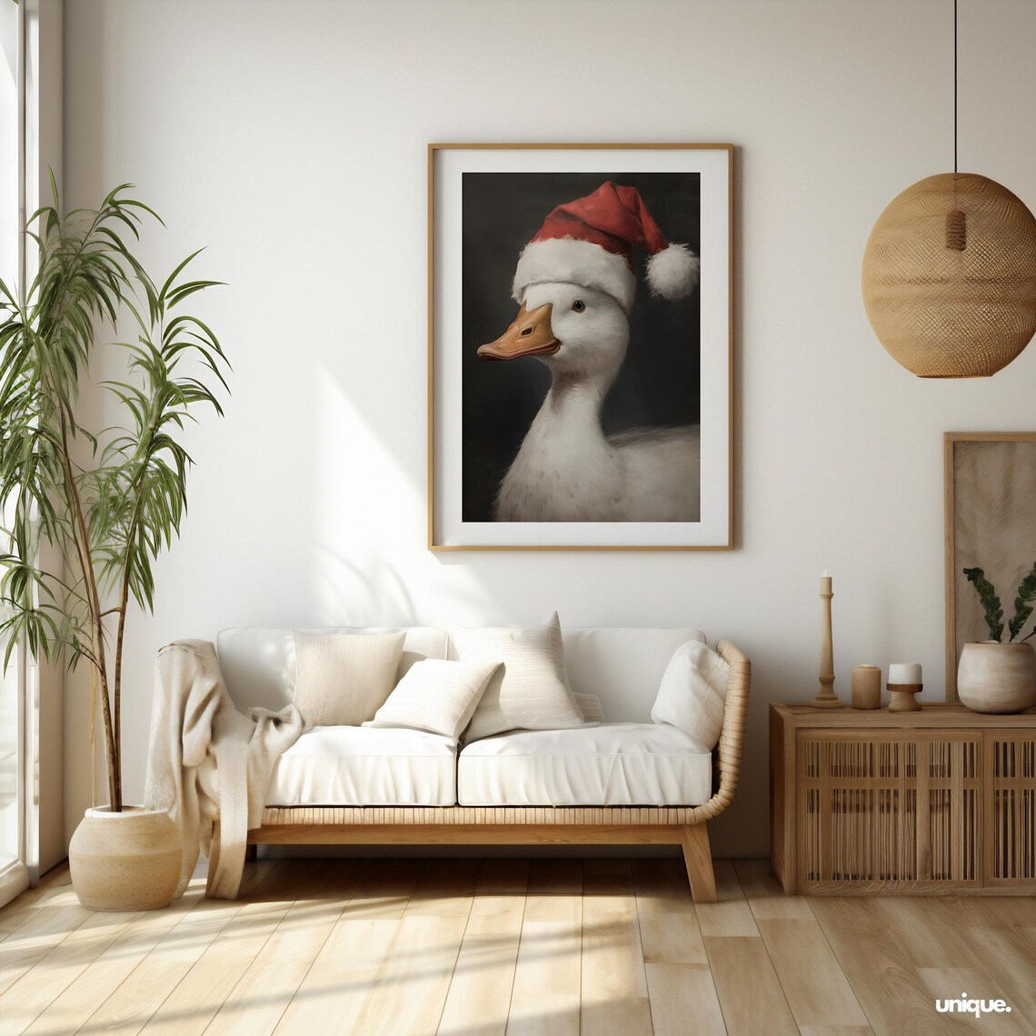 White Duck Wearing Santa Hat Festive Christmas Portrait Poster - Image 2