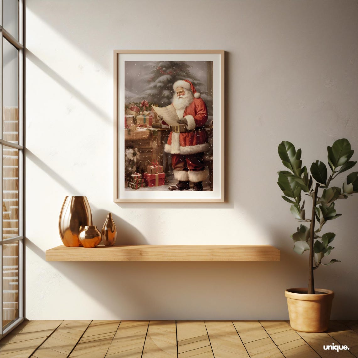 Vintage Santa Reading Letter Snowy Christmas Eve Scene Art Poster