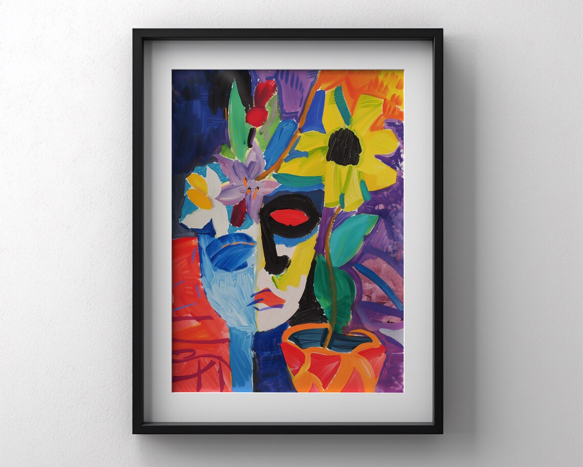 Colorful Abstract Face and Sunflowers in Matisse Style Art Poster