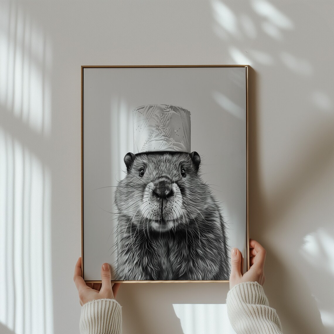 Beaver Toilet Paper Roll Hat Funny Black White Animal Poster - Image 3