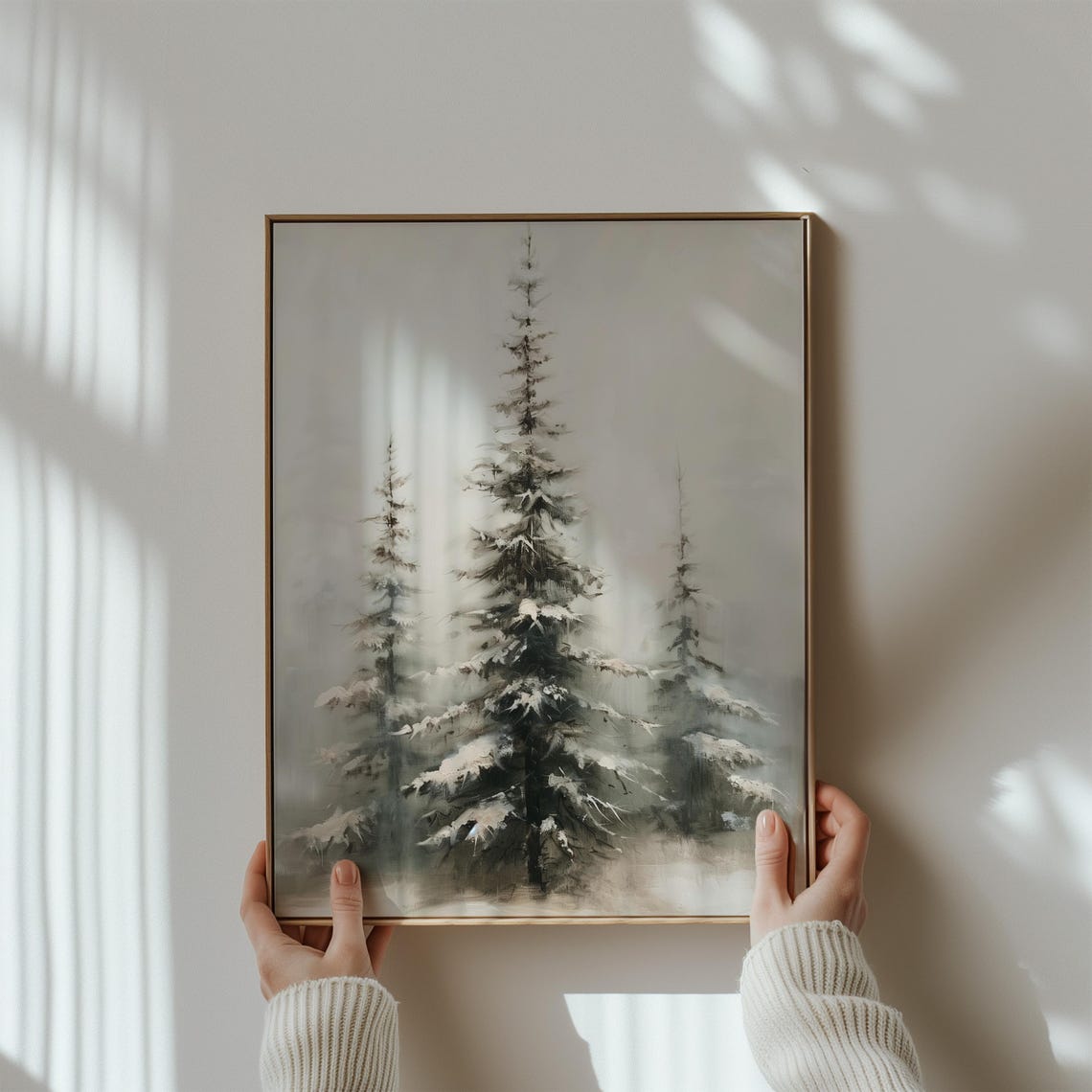 Three Snowy Pine Trees in Mist Minimalist Winter Forest Painting Print - Image 3