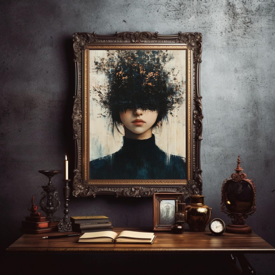 Dark Moody Abstract Woman Portrait Black Ink Splatter Aura Wall Poster