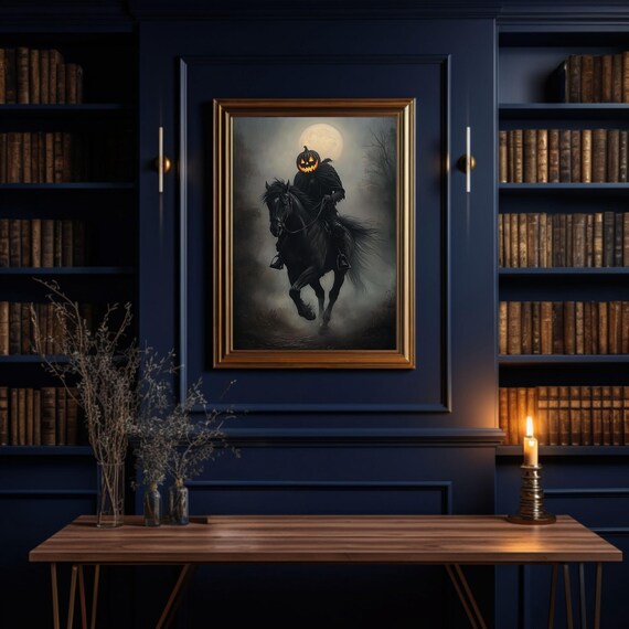 Jack o Lantern Rider Moonlit Foggy Night Spooky Gothic Oil Poster