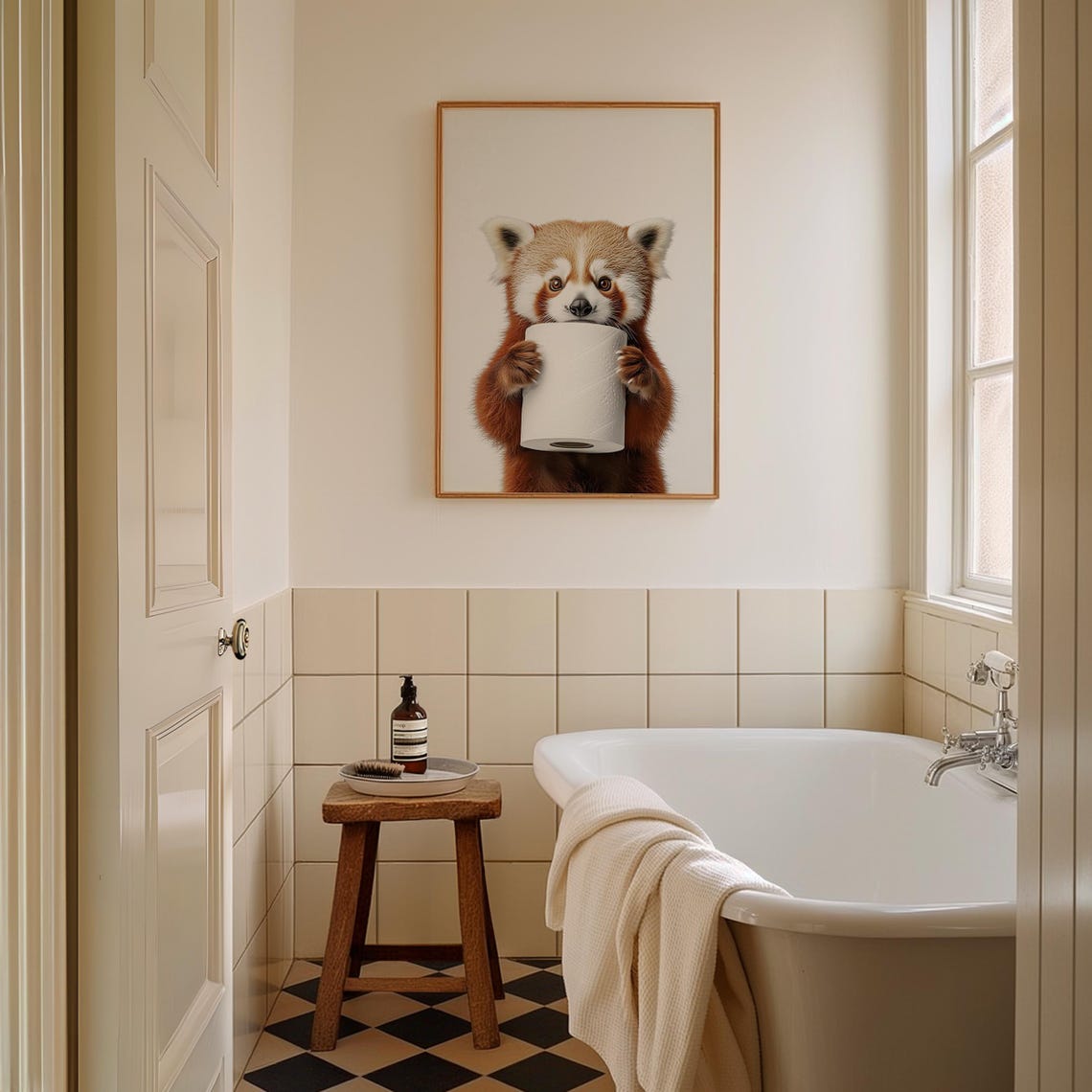 Adorable Red Panda Holding Toilet Paper Roll Bathroom Poster - Image 2