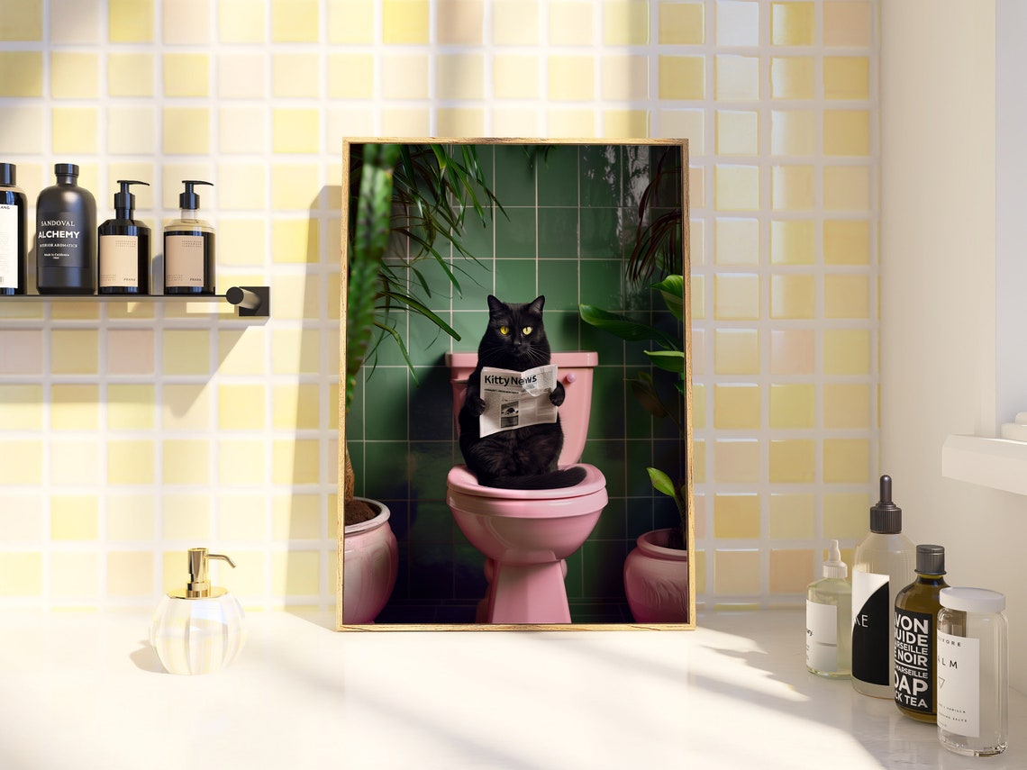 Black Cat Reading Kitty News Newspaper on Pink Toilet Funny Poster - Image 3