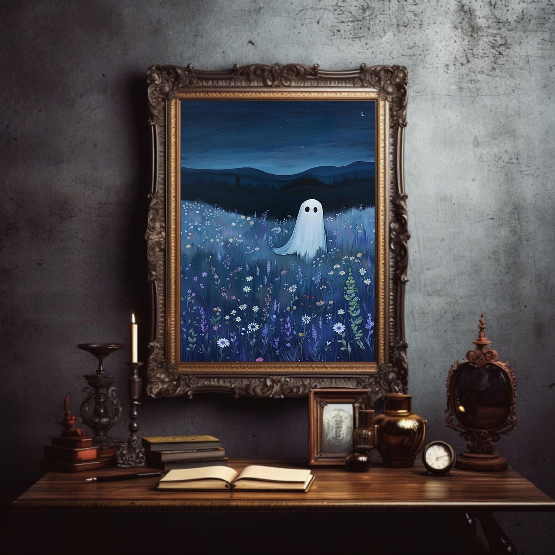 Cute Ghost In Starry Night Wildflower Meadow Halloween Poster - Image 2