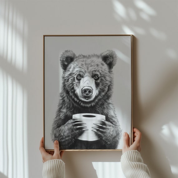 Bear Wall Poster Restroom Sign Bear Painting Toilet Wall Art Animal Poster Black And White Bear Moody Animal Art Kids Bathroom Wall Art