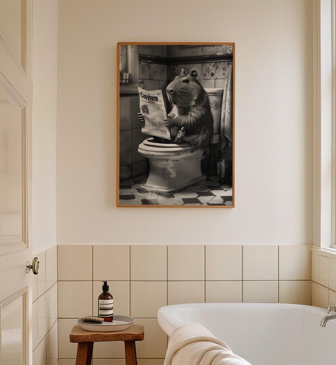 Funny Capybara on Toilet Poster Reading Newspaper Black and White Art - Image 3