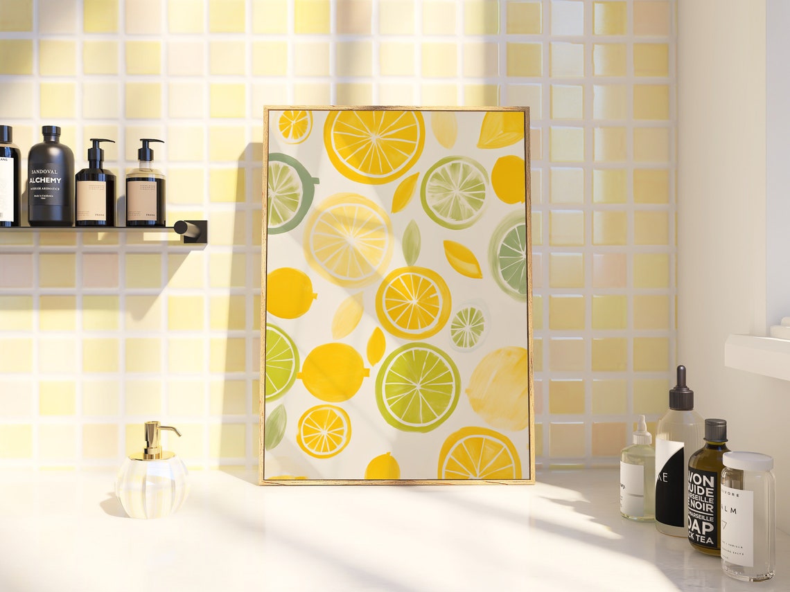 Lemon And Lime Slices Pattern Watercolor Citrus Kitchen Wall Poster - Image 3