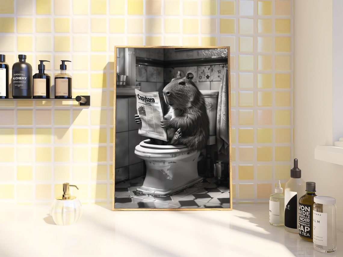 Funny Capybara on Toilet Poster Reading Newspaper Black and White Art - Image 2