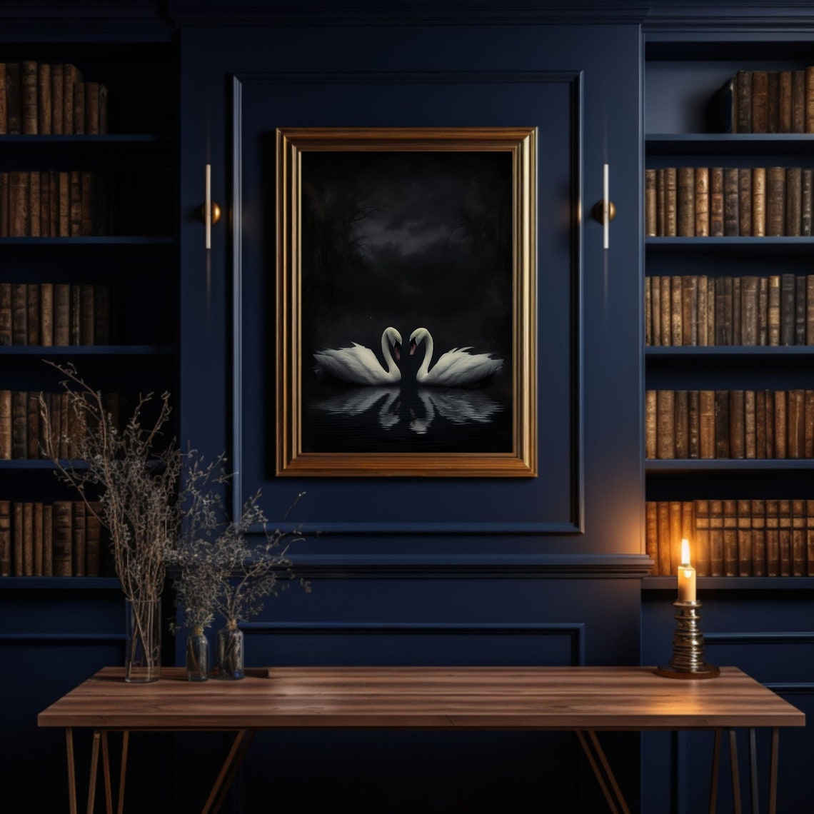Two White Swans Dark Lake Night Reflection Romantic Oil Poster - Image 3