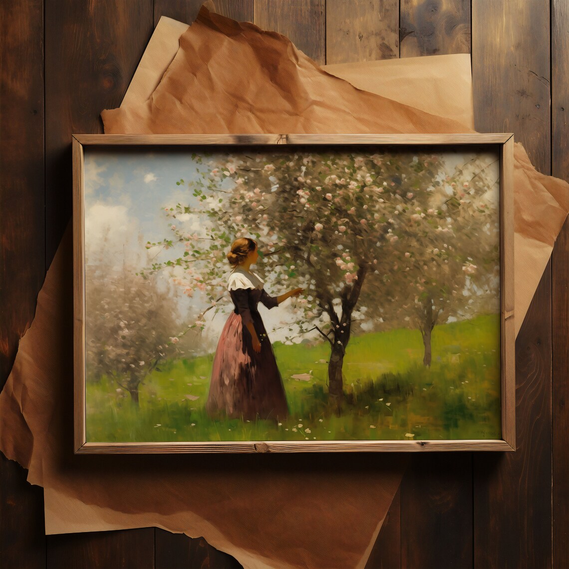 Woman in Blossoming Orchard Vintage Oil Painting Light Academia Poster - Image 2