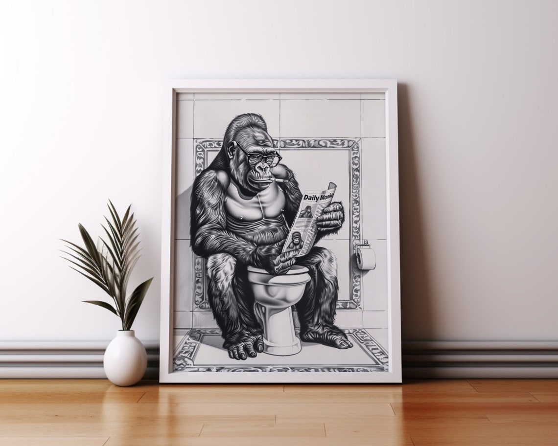 Gorilla With Glasses Reading Newspaper Toilet Funny Bathroom Poster - Image 2
