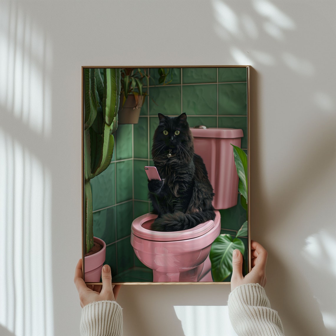 Black Cat On Pink Toilet With Phone Funny Retro Bathroom Poster - Image 3
