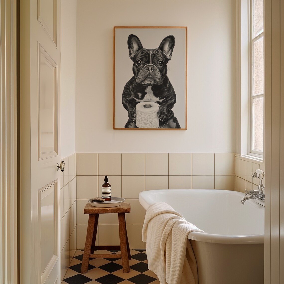 French Bulldog Puppy Holding Toilet Paper Roll Funny Bathroom Poster - Image 2