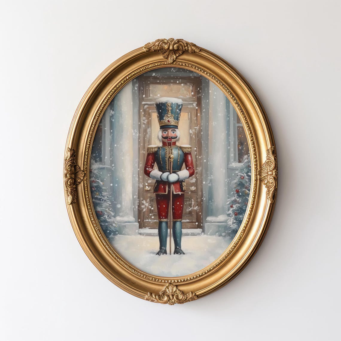 Vintage Nutcracker in Blue Uniform Standing in Snowy Doorway Poster - Image 2