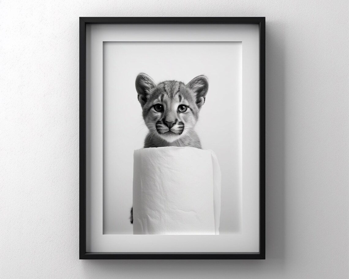 Wild Cat Cub Toilet Paper Roll Peek Cute Black White Funny Poster - Image 3
