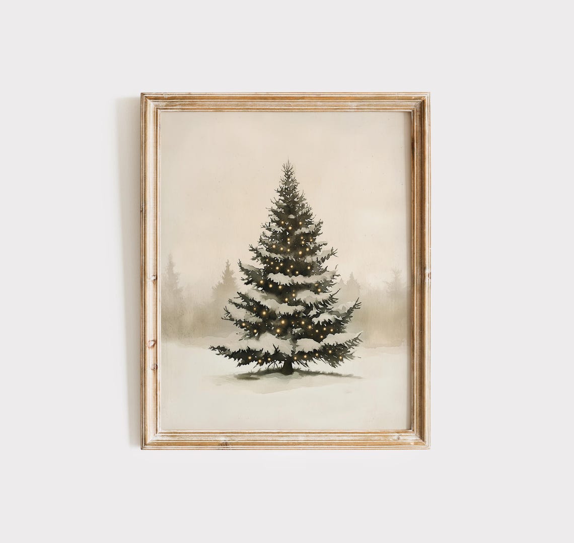 Snow Covered Evergreen Tree Golden Lights Misty Winter Wall Poster - Image 3