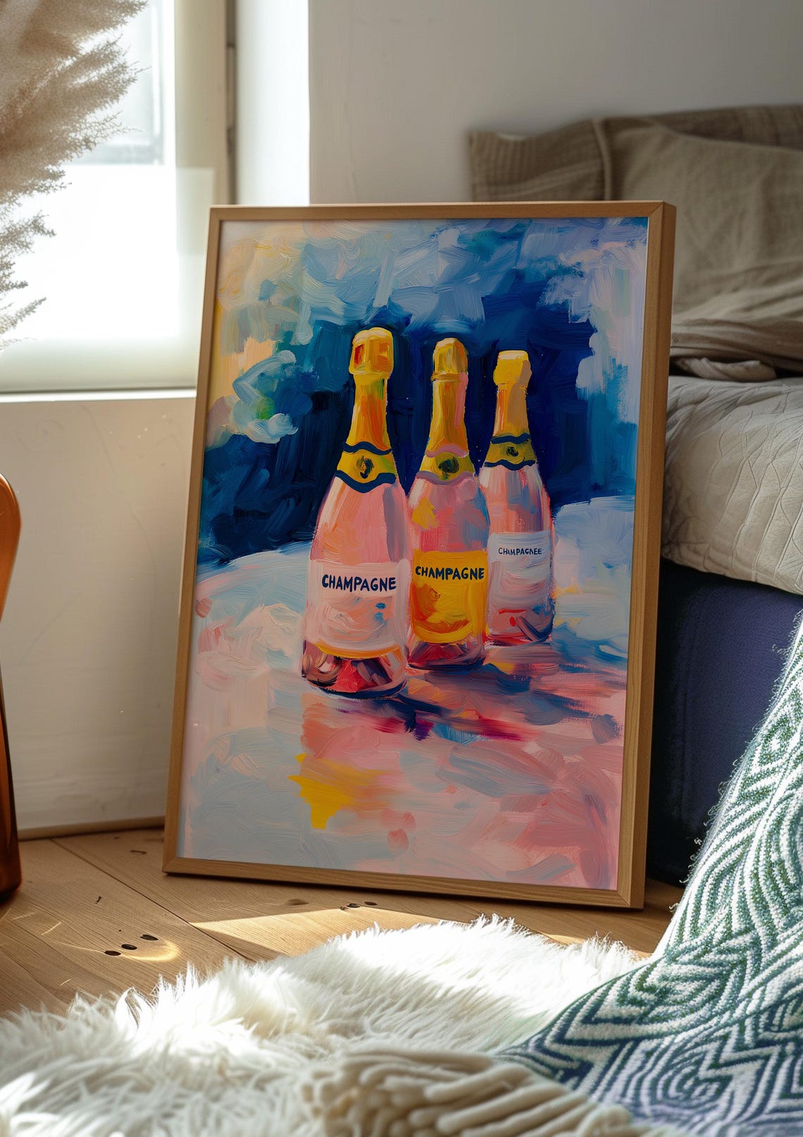 Three Pink Champagne Bottles Painterly Still Life Art Poster - Image 2