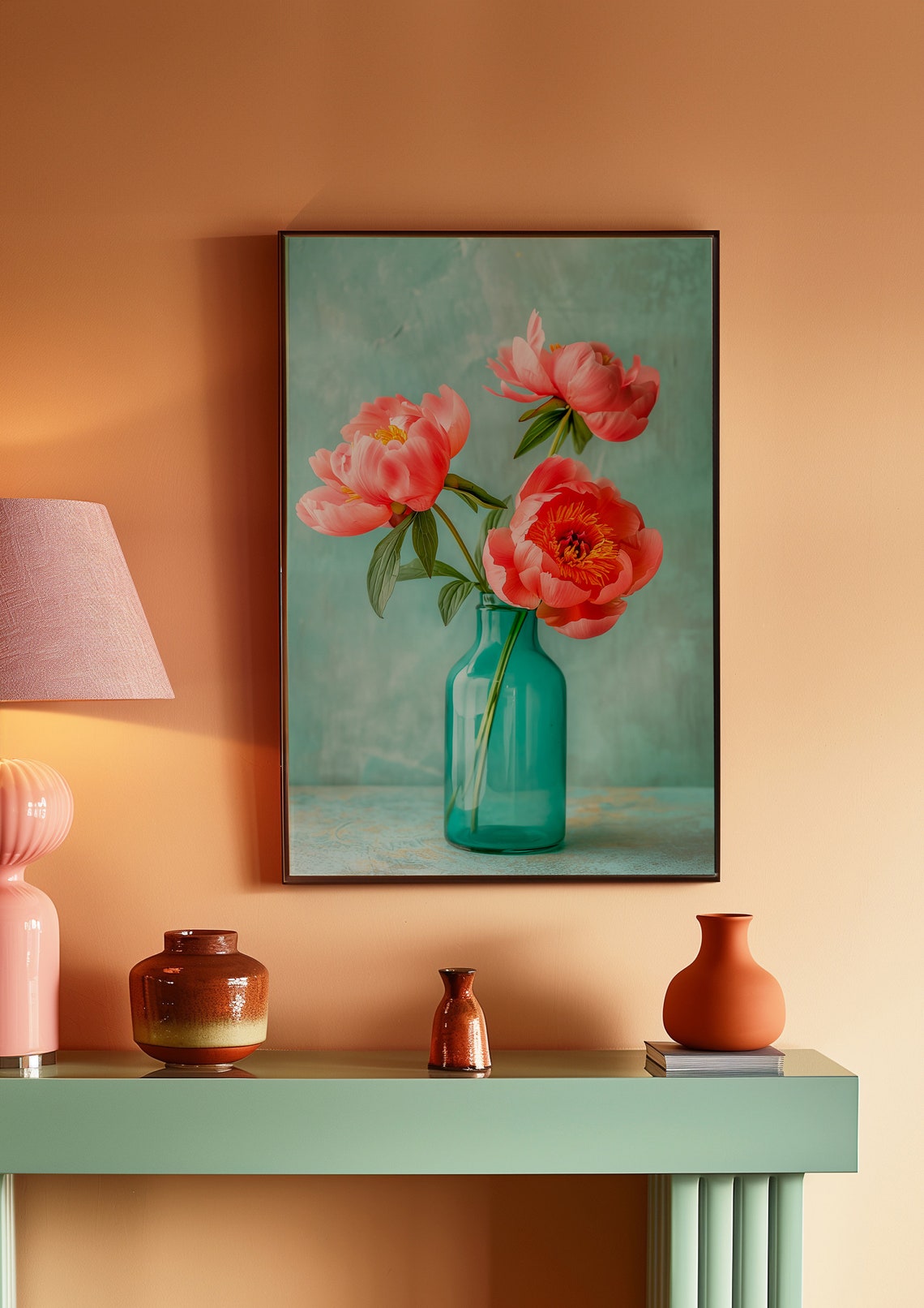 Pink Peonies Teal Vase Soft Floral Still Life Botanical Poster - Image 3