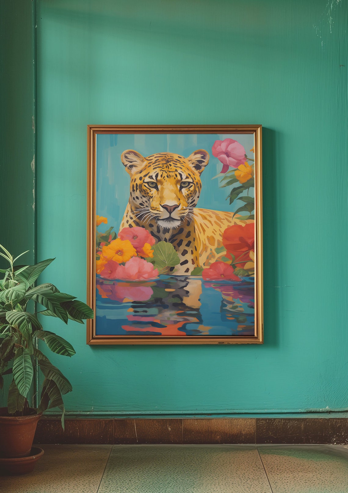 Leopard Tropical Flowers Water Reflection Wildlife Art Poster - Image 4