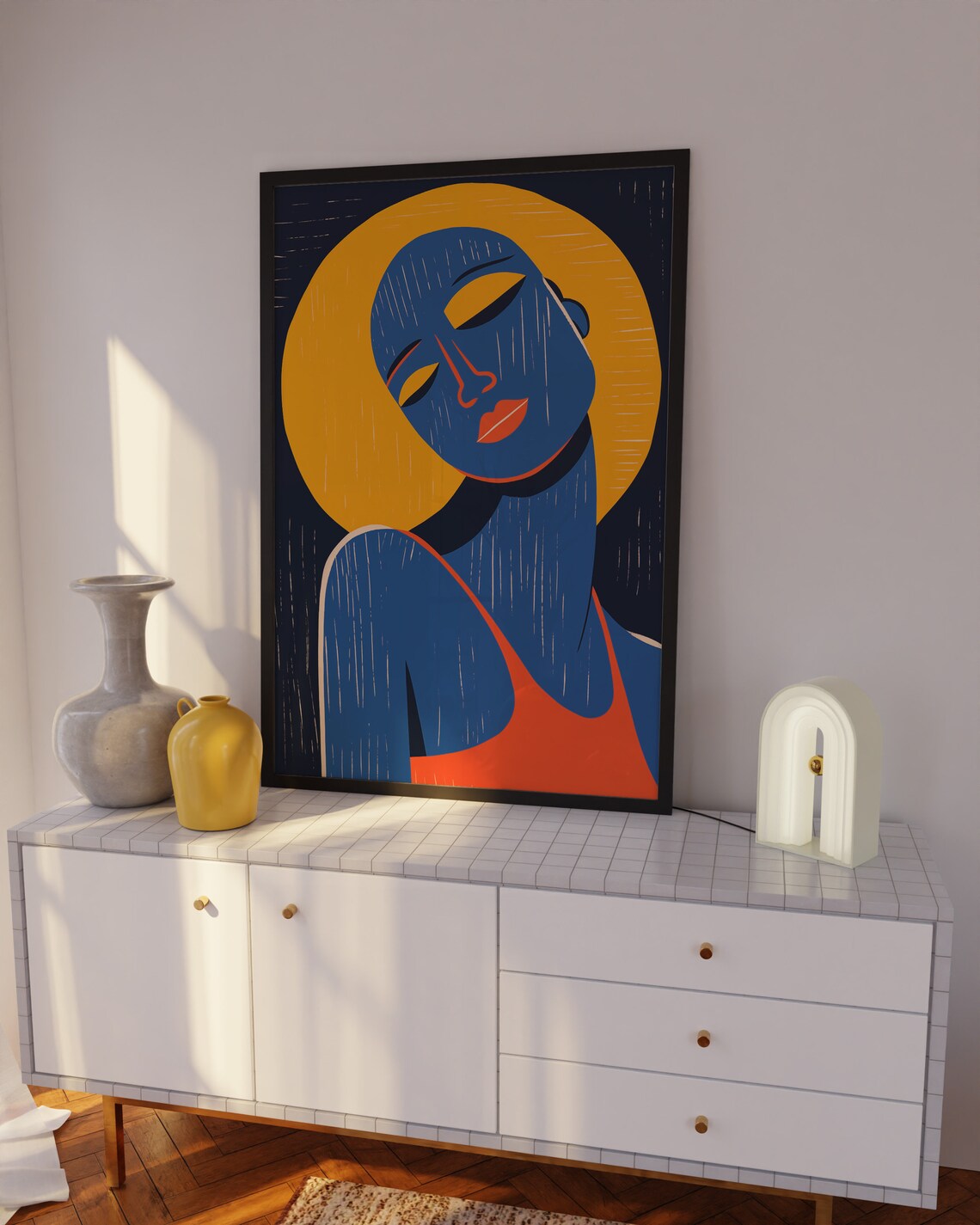 Bold Blue Woman Abstract Portrait Poster with Orange Sun Halo Design - Image 3