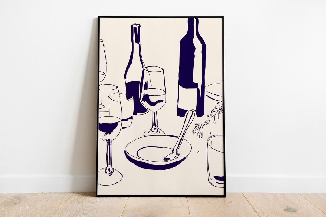 Minimalist Navy Line Art Poster of Wine Bottles and Glasses on Cream - Image 2