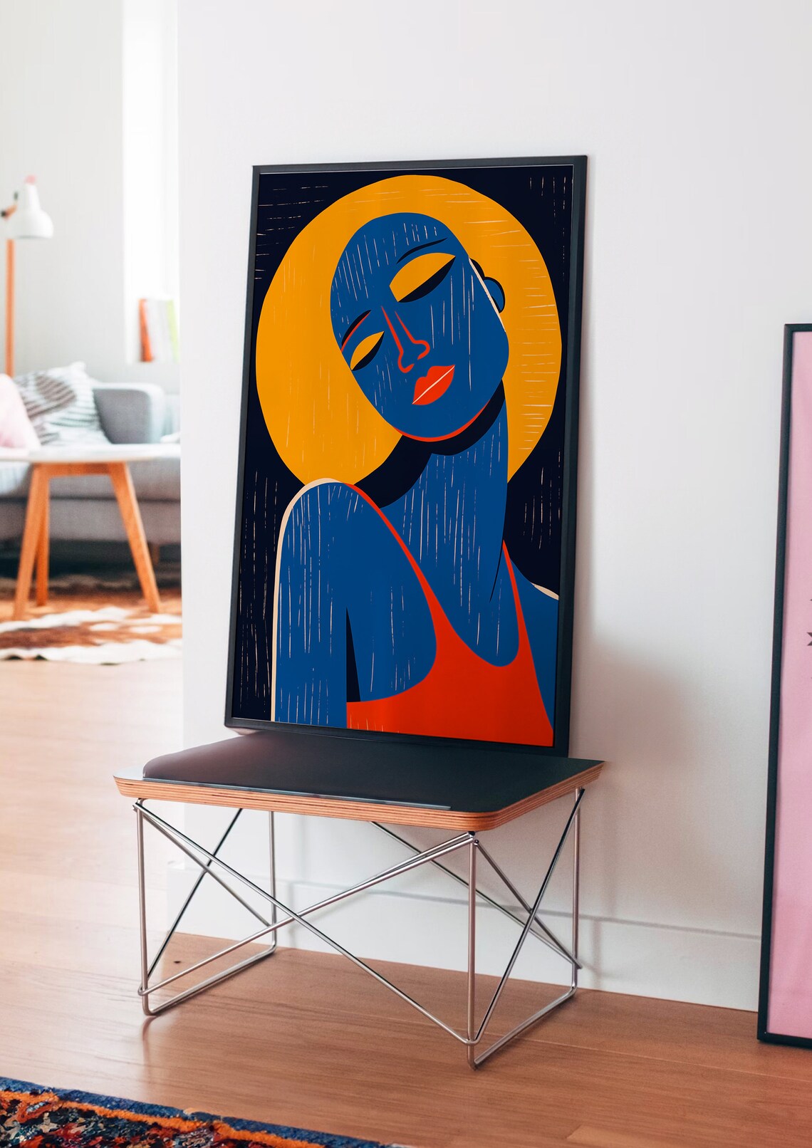 Abstract Blue Woman Silhouette with a Golden Halo Moon Poster - Image 4