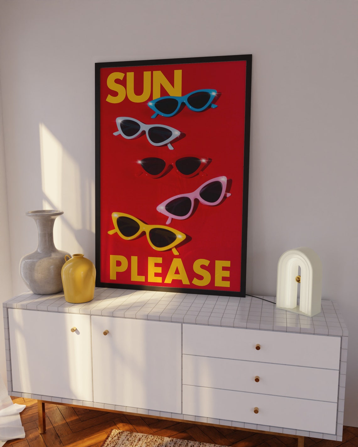 Vibrant Red SUN PLEASE Five Cat-Eye Sunglasses Summer Fun Poster - Image 2