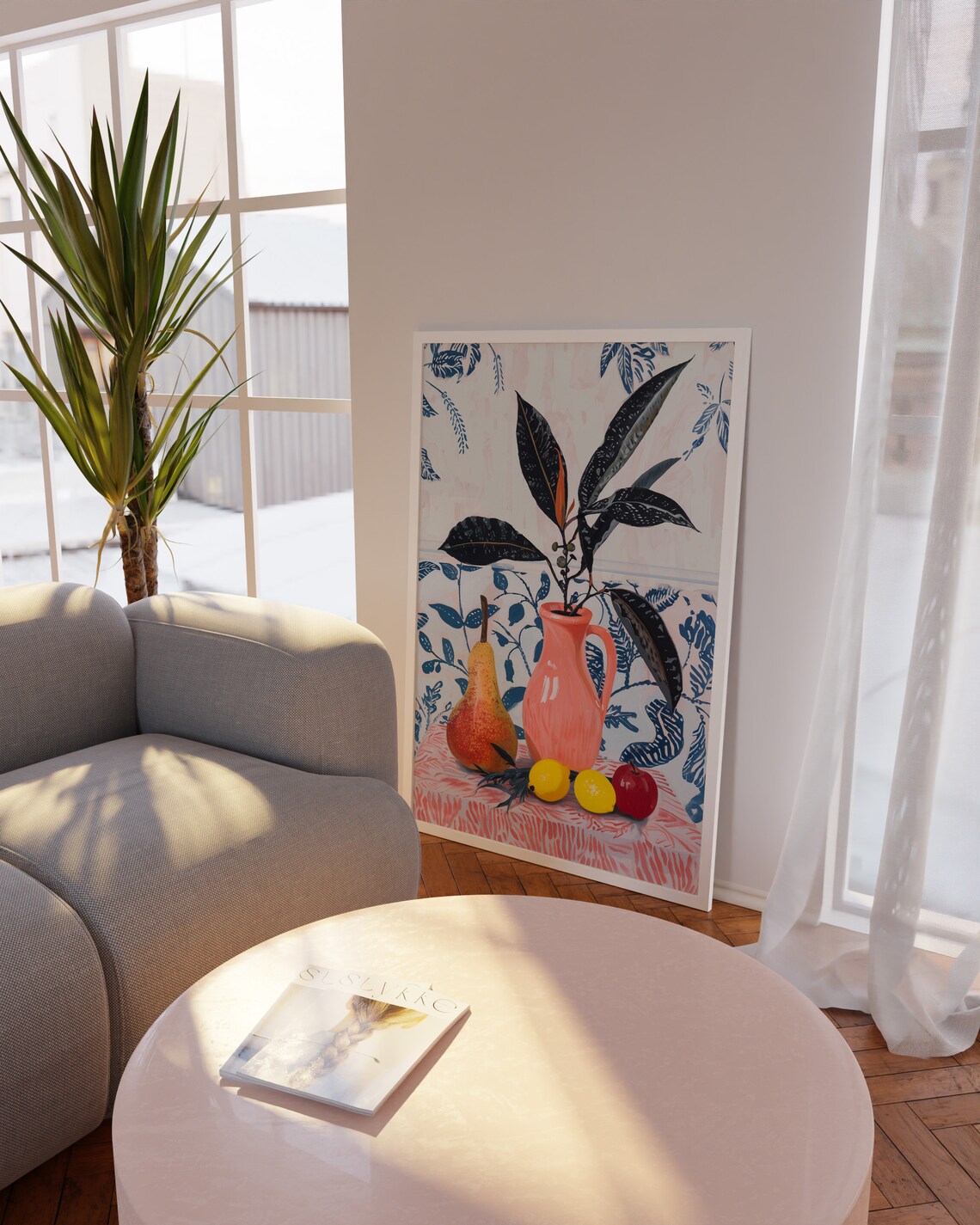 Vintage Floral Still Life Poster with Pink Pitcher Pears and Lemons - Image 2