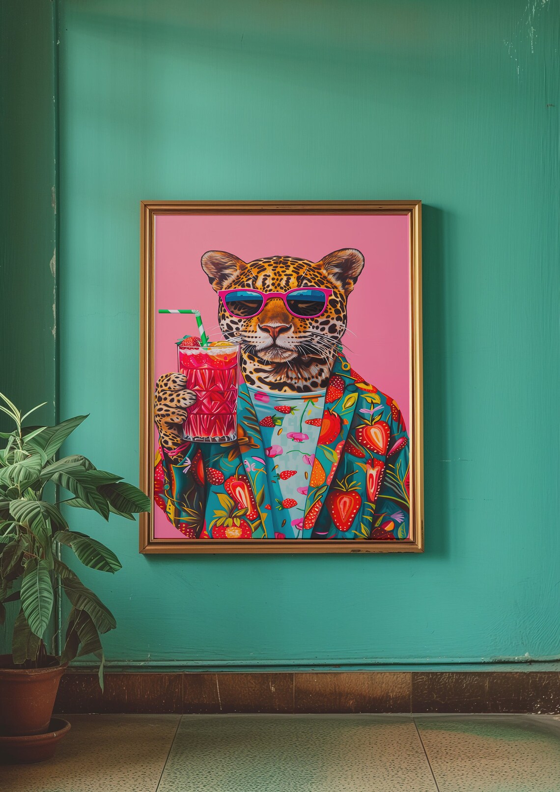 Leopard in Pink Sunglasses Sipping a Strawberry Cocktail Poster - Image 3
