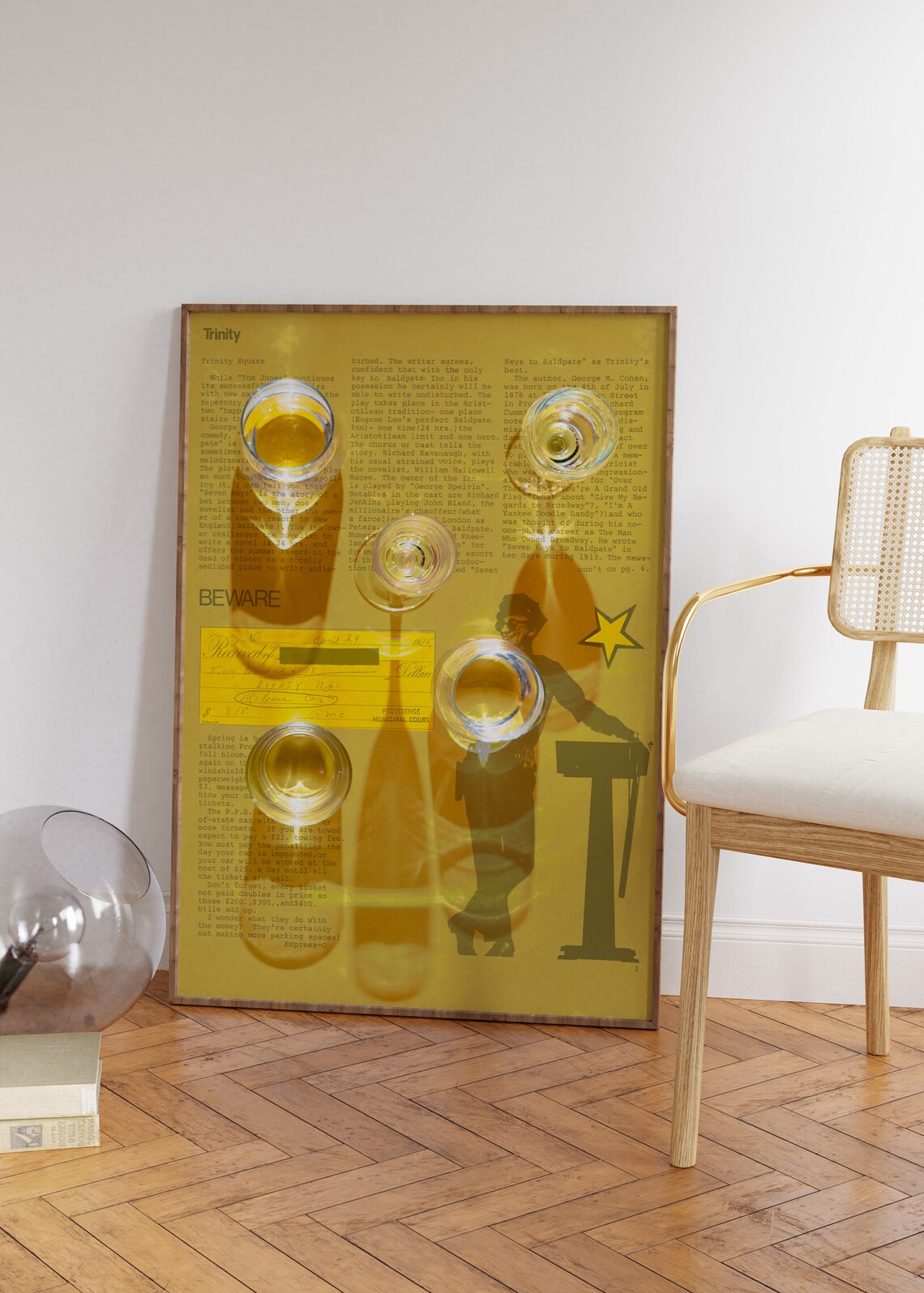 Retro Yellow Bar Poster with Beer Glasses on Vintage Newspaper
