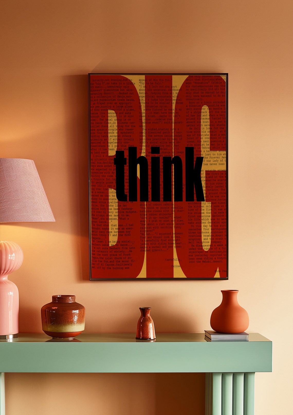 Bold Black Think Typography on a Red Newspaper Collage Poster - Image 3