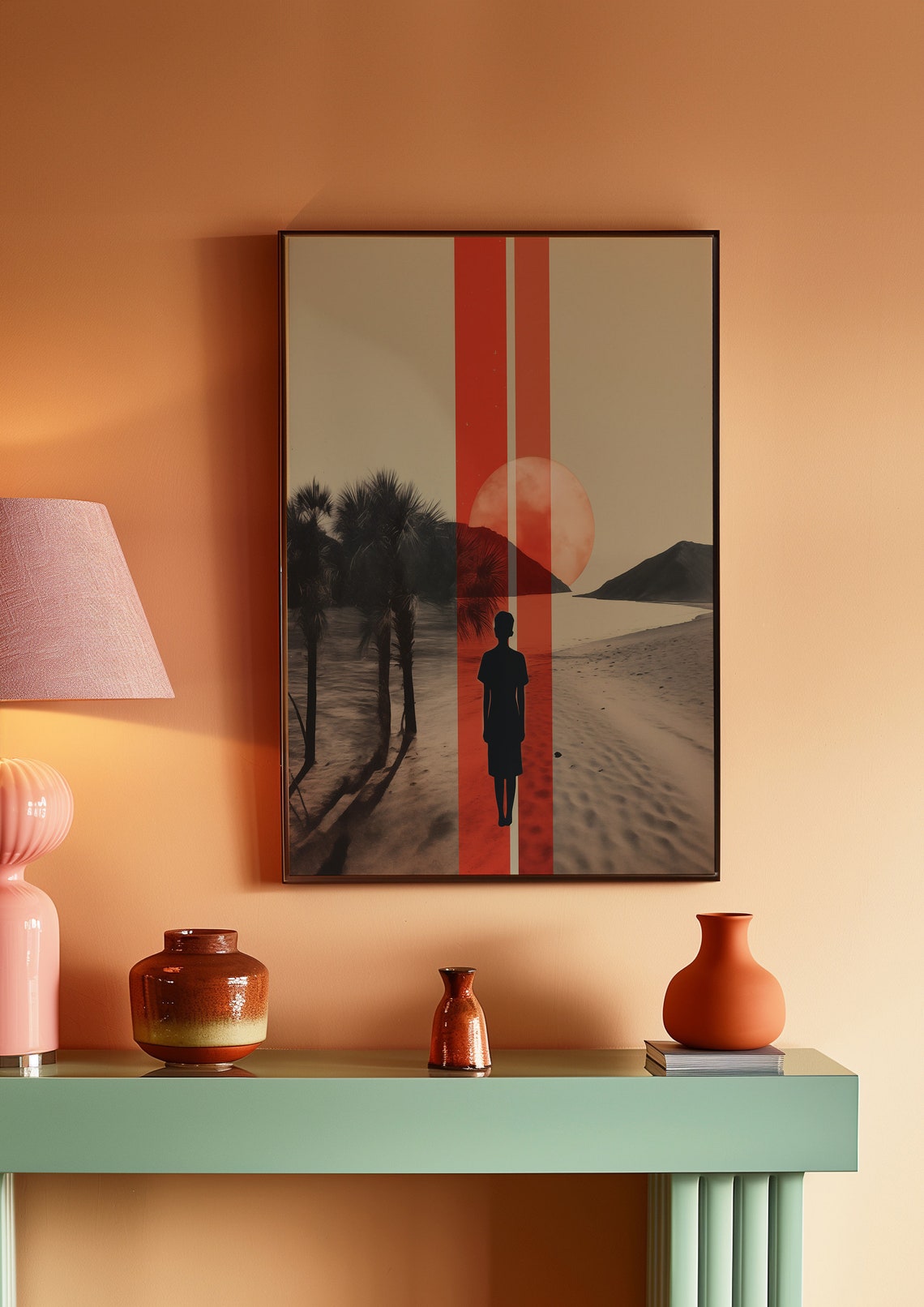 Woman Silhouette on a Beach at Sunset with Palm Trees Poster - Image 2
