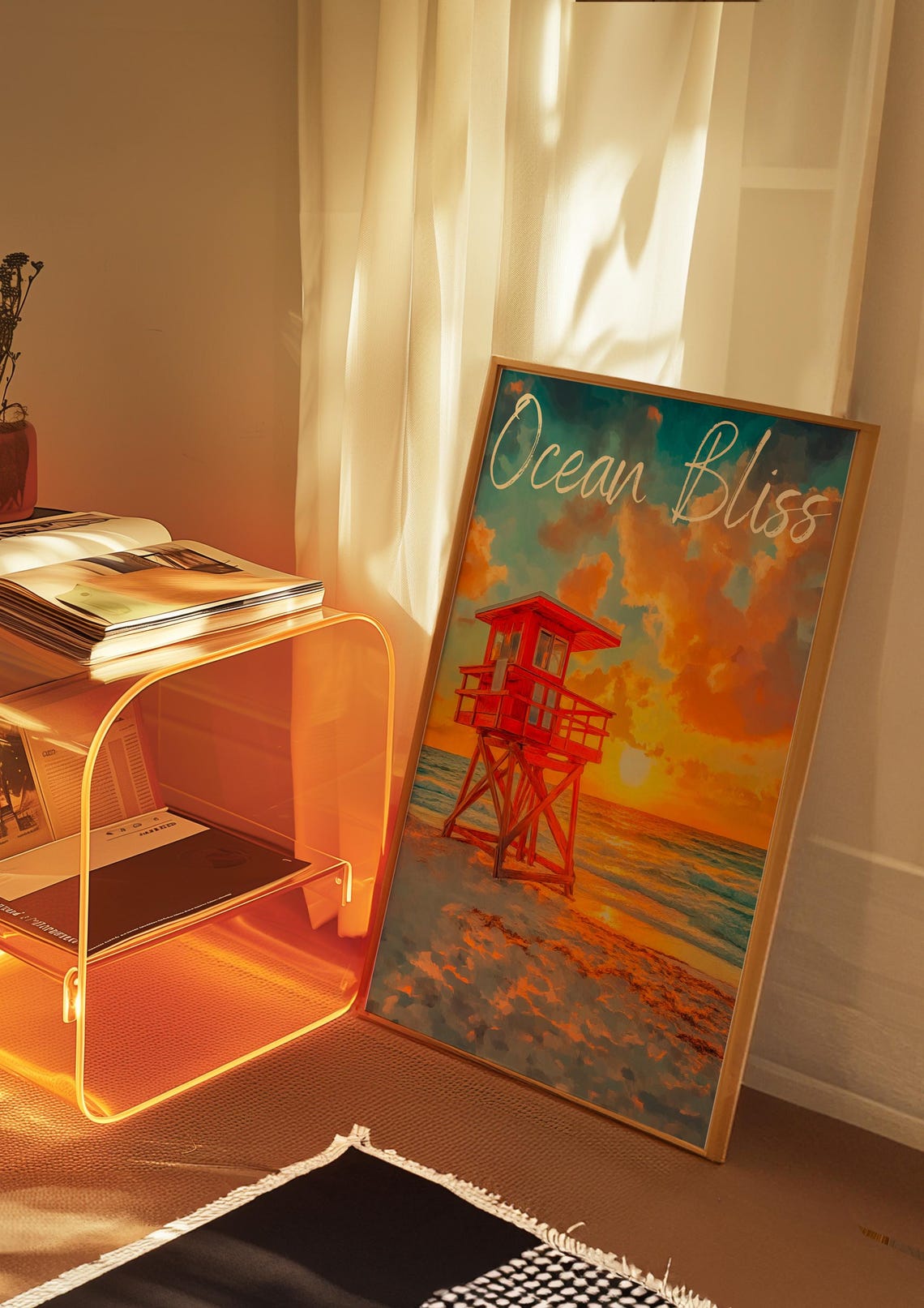 Ocean Bliss Sunset Beach Poster with Red Lifeguard Tower at Dusk - Image 4