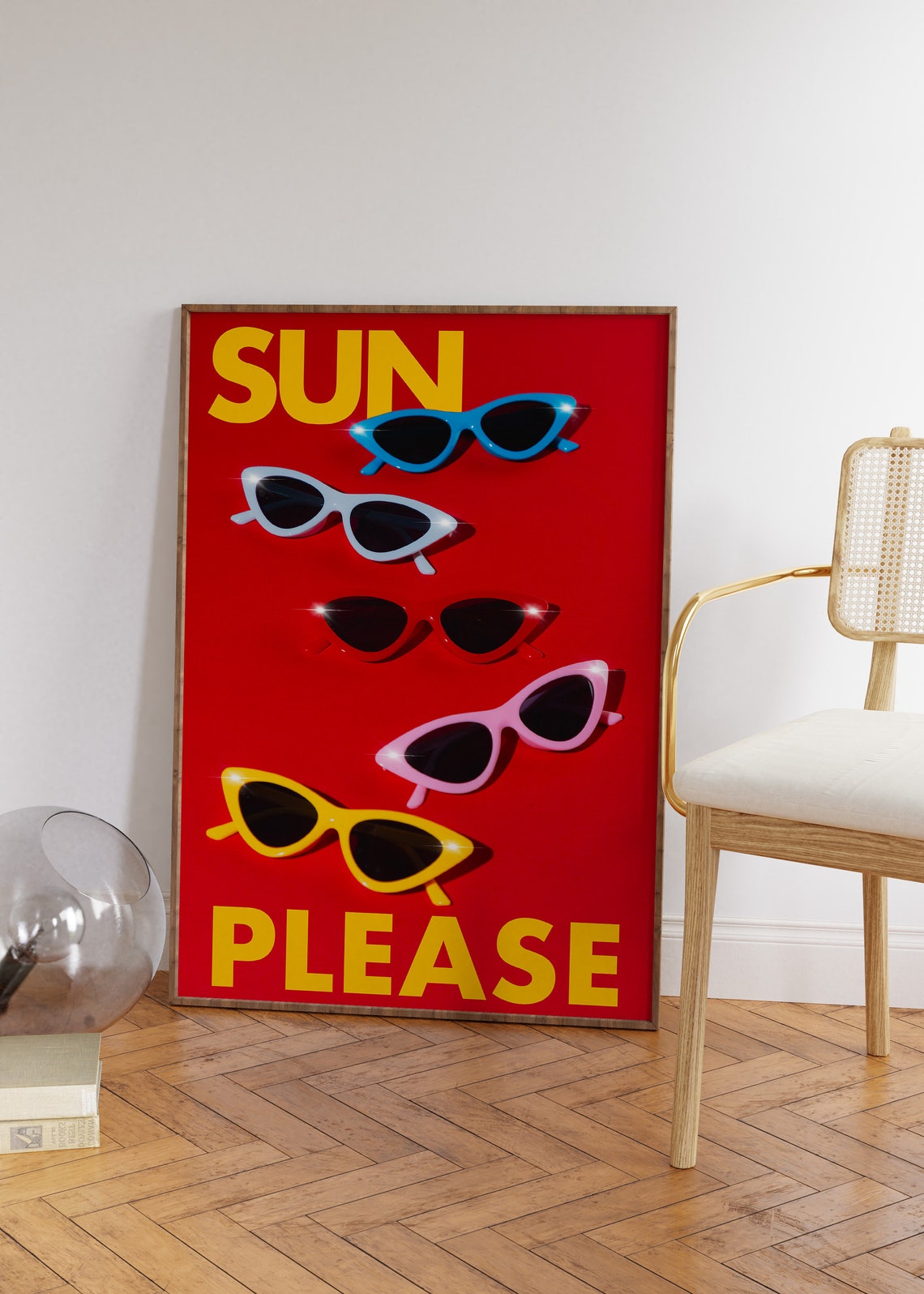 Vibrant Red SUN PLEASE Five Cat-Eye Sunglasses Summer Fun Poster