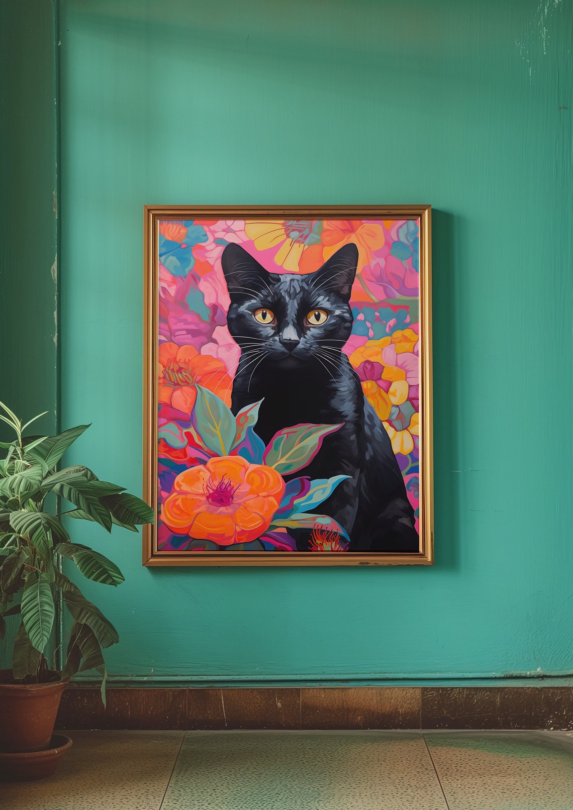 Black Cat Floral Portrait Tropical Blooms Maximalist Art Poster - Image 2