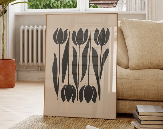Black And Beige Tulips Wall Art Mid Century Modern Botanical Print Floral Art Moody Floral Print 1591