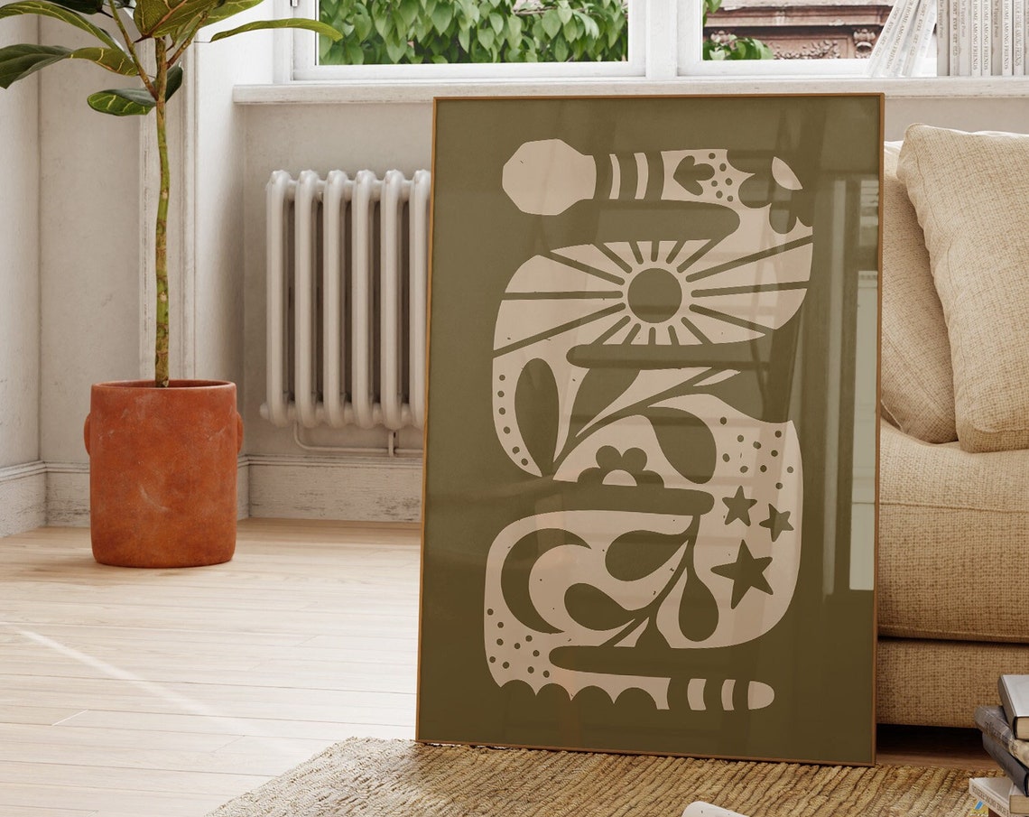 Olive Celestial Snake with Sun Stars and Flowers Folk Art Poster