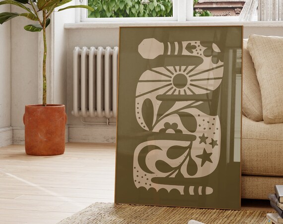 Olive Celestial Snake with Sun Stars and Flowers Folk Art Poster