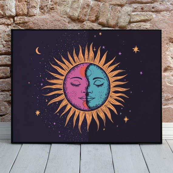 Celestial Sun And Moon Print Astrology Wall Art Cosmic Meditation Decor Witchy Zen Yin Yang Poster Boho Zen Harmony Balance Art