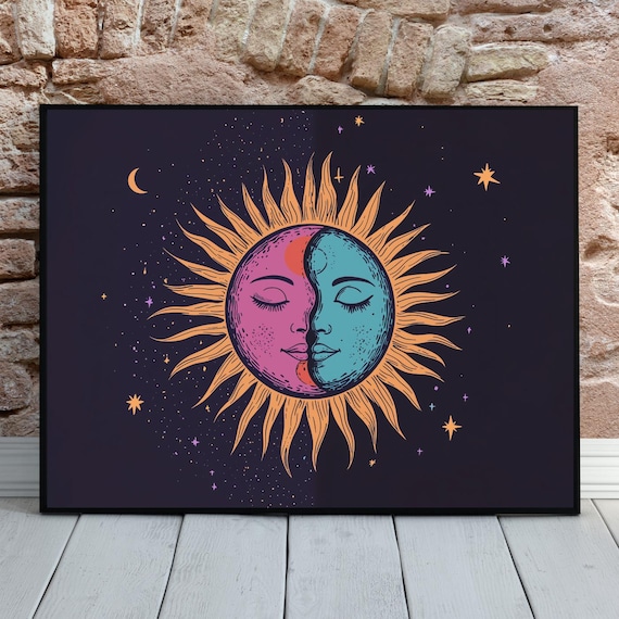 Witchy Celestial Sun Moon Faces Astrology Boho Cosmic Decor Poster