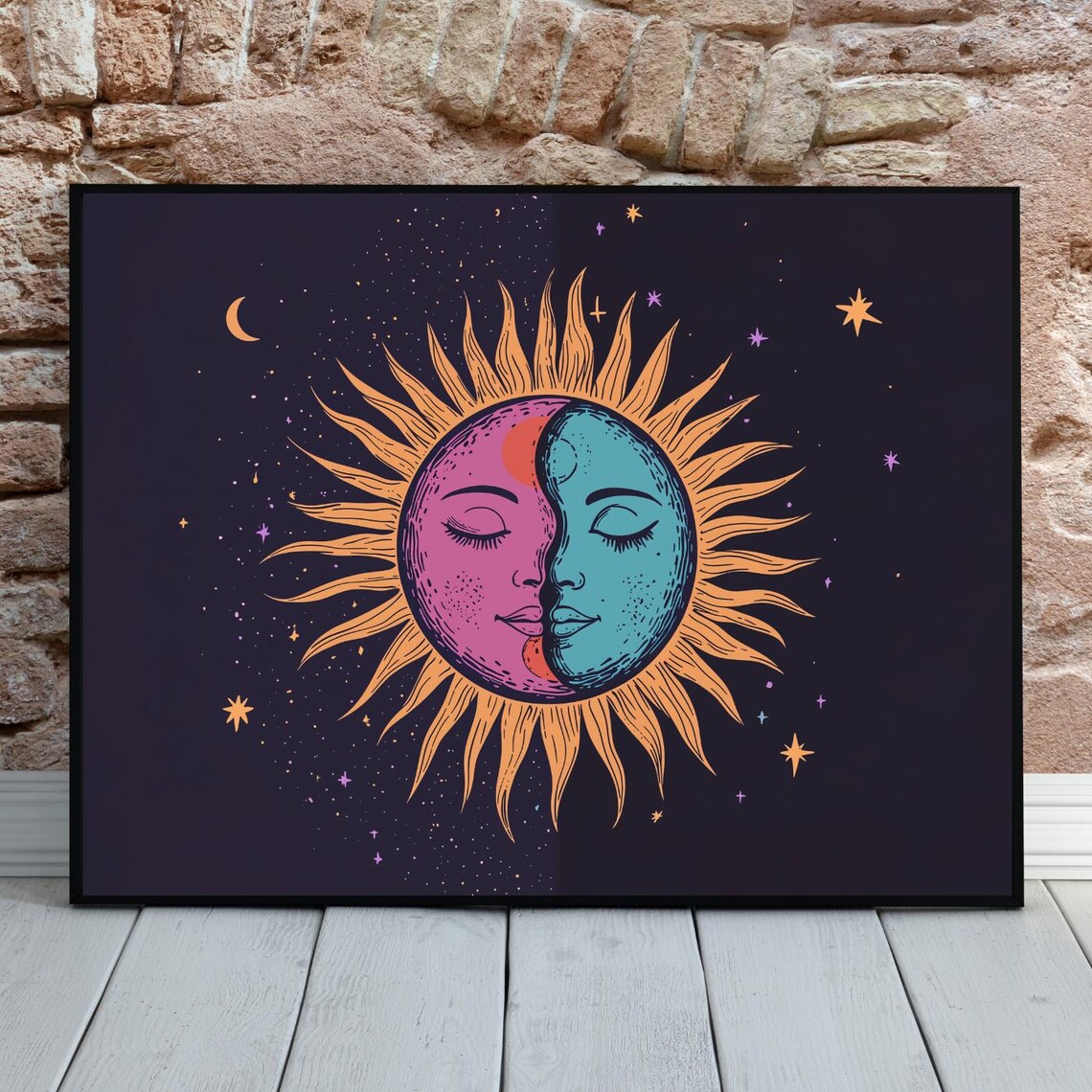 Witchy Celestial Sun Moon Faces Astrology Boho Cosmic Decor Poster