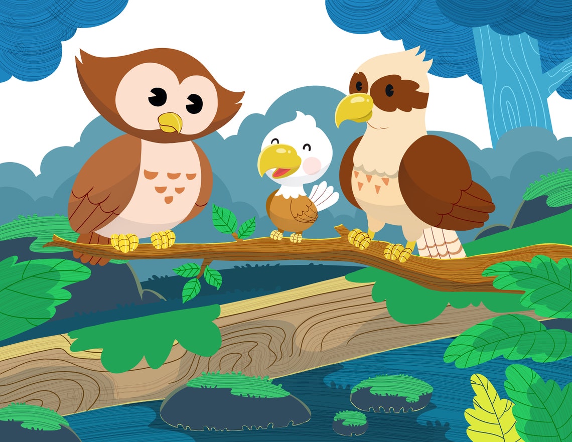 Three Adorable Cartoon Owls Perched on a Forest Branch Poster