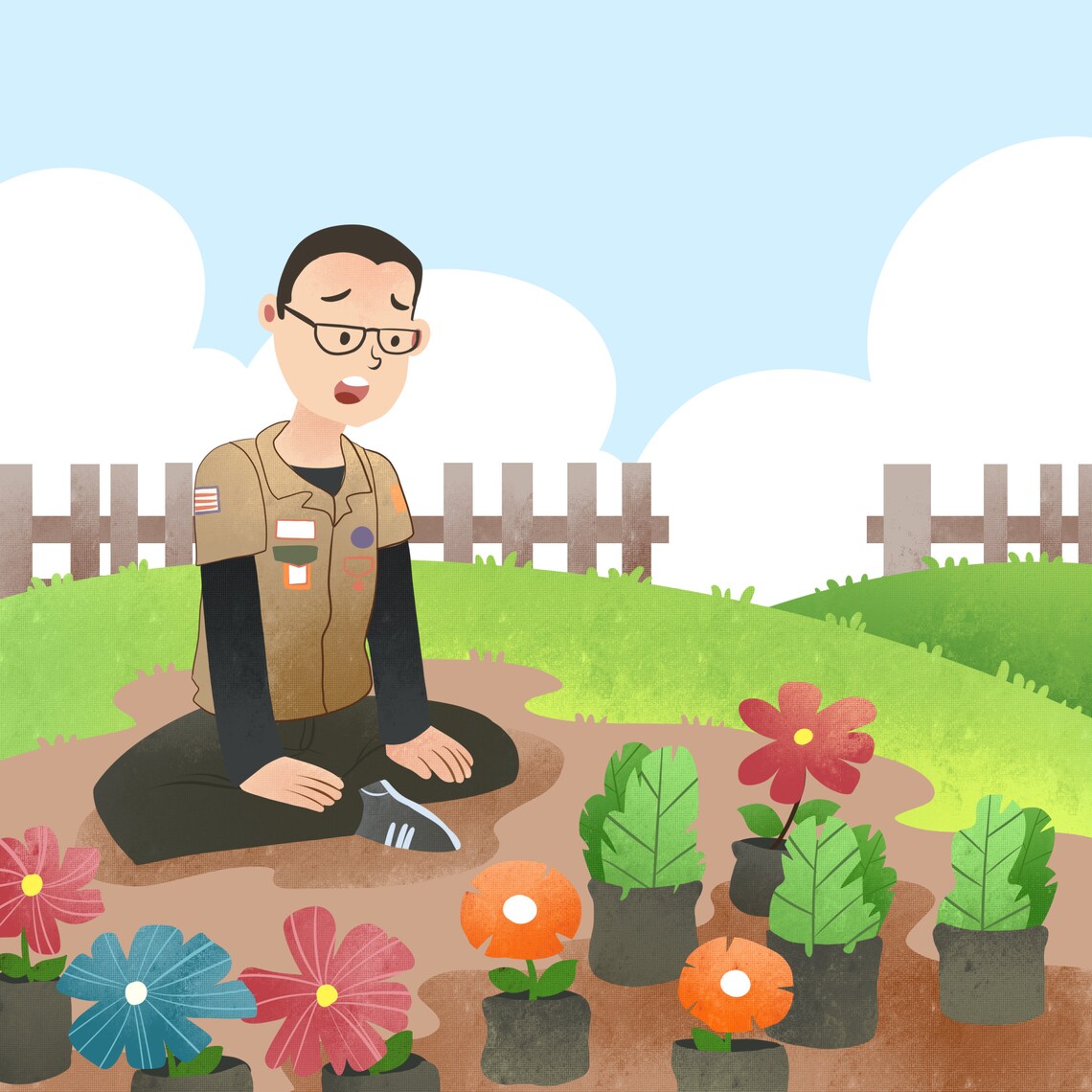 Smiling Young Boy Scout Gardening with Colorful Flowers Kids Poster